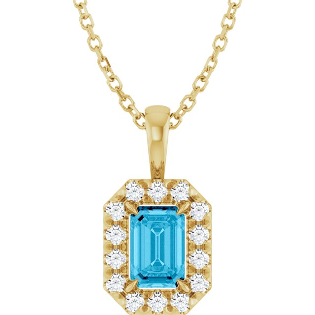 14K Yellow 6x4 mm Natural Aquamarine & 1/5 CTW Natural Diamond 16-18" Necklace