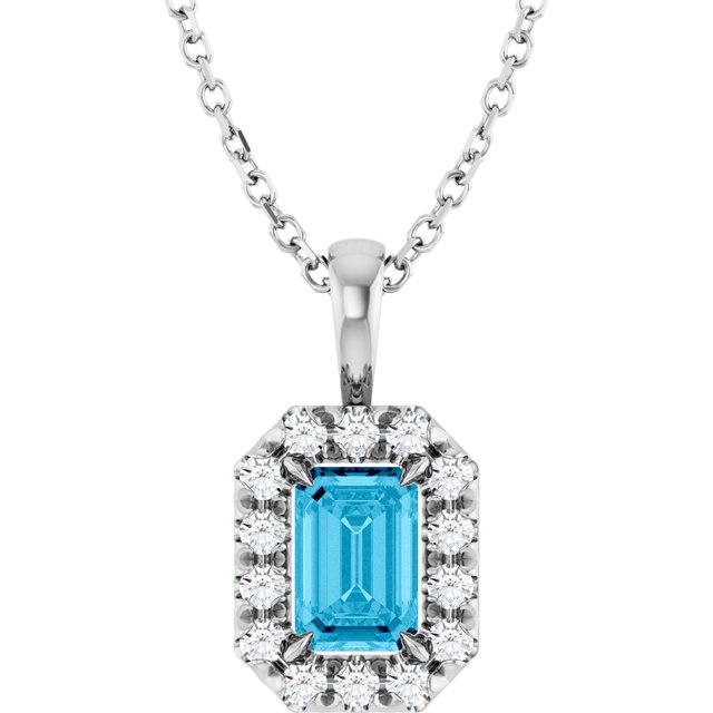 Platinum 6x4 mm Natural Aquamarine & 1/5 CTW Natural Diamond 16-18" Necklace