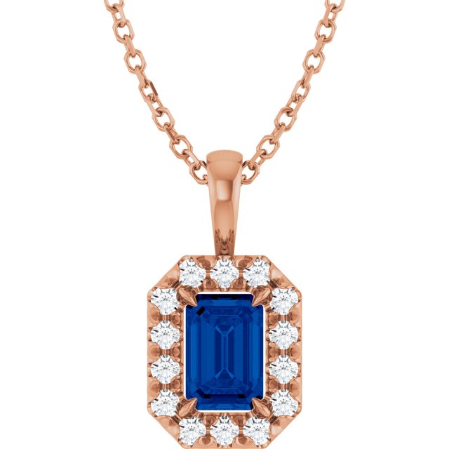 14K Rose 6x4 mm Lab-Grown Blue Sapphire & 1/5 CTW Natural Diamond 16-18" Necklace