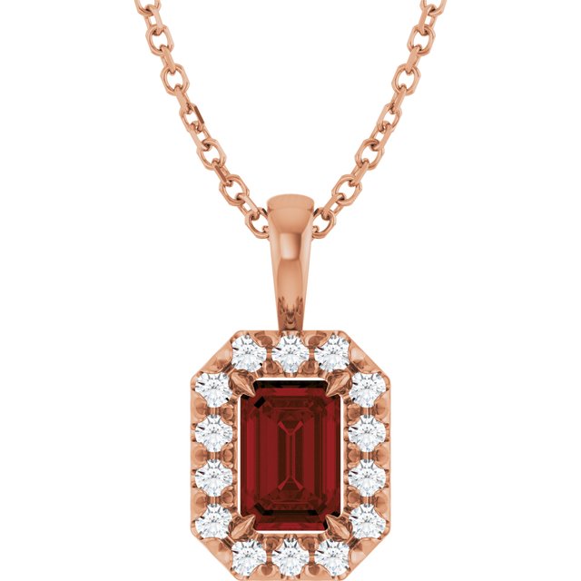 14K Rose 6x4 mm Natural Mozambique Garnet & 1/5 CTW Natural Diamond 16-18" Necklace