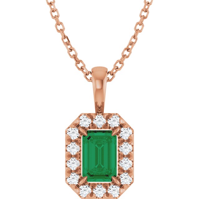 14K Rose 6x4 mm Lab-Grown Emerald & 1/5 CTW Natural Diamond 16-18" Necklace