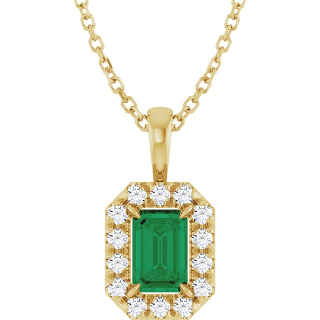 14K Yellow 6x4 mm Natural Emerald & 1/5 CTW Natural Diamond 16-18" Necklace