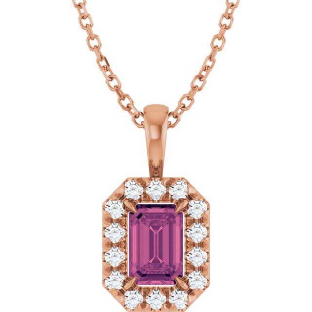 14K Rose 6x4 mm Natural Pink Tourmaline & 1/5 CTW Natural Diamond 16-18" Necklace