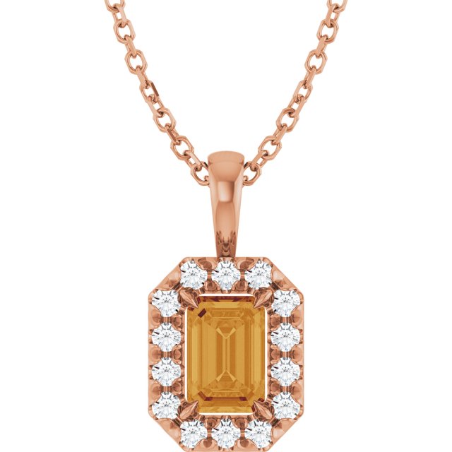 14K Rose 6x4 mm Natural Citrine & 1/5 CTW Natural Diamond 16-18" Necklace