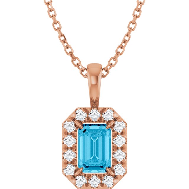 14K Rose 6x4 mm Natural Aquamarine & 1/5 CTW Natural Diamond 16-18" Necklace