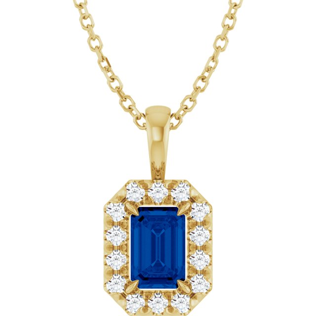 14K Yellow 6x4 mm Lab-Grown Blue Sapphire & 1/5 CTW Natural Diamond 16-18" Necklace