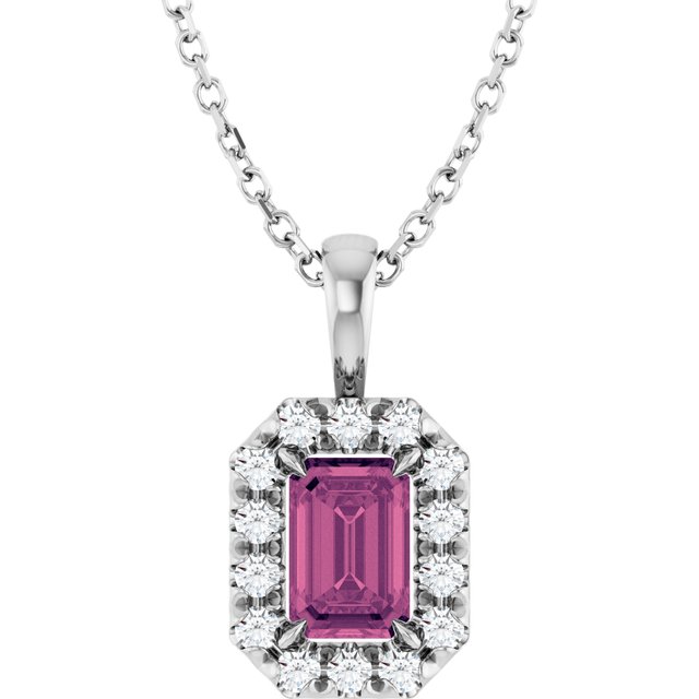 Sterling Silver 6x4 mm Natural Pink Tourmaline & 1/5 CTW Natural Diamond 16-18" Necklace