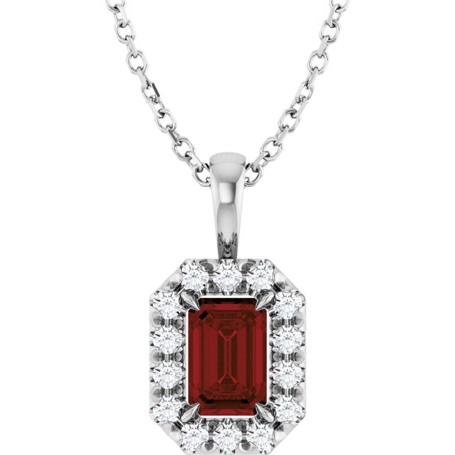 Sterling Silver 6x4 mm Natural Mozambique Garnet & 1/5 CTW Natural Diamond 16-18" Necklace