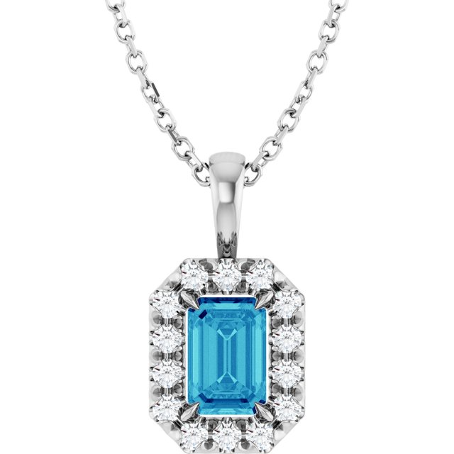 Sterling Silver 6x4 mm Natural Blue Zircon & 1/5 CTW Natural Diamond 16-18" Necklace