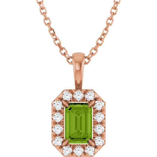 14K Rose 6x4 mm Natural Peridot & 1/5 CTW Natural Diamond 16-18" Necklace