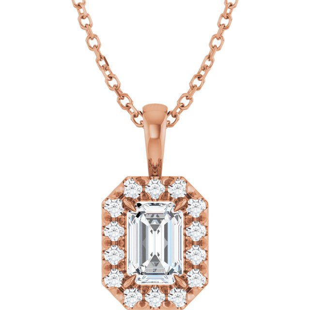 14K Rose 6x4 mm Natural White Sapphire & 1/5 CTW Natural Diamond 16-18" Necklace