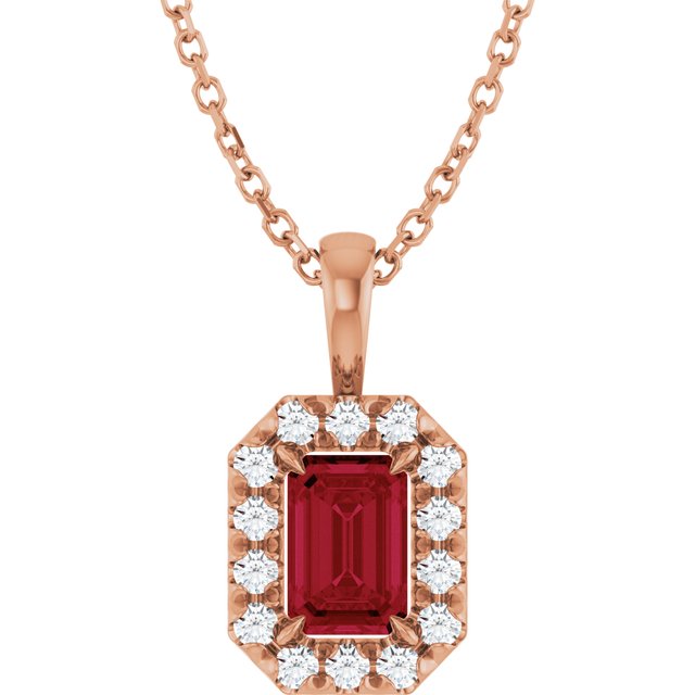 14K Rose 6x4 mm Natural Ruby & 1/5 CTW Natural Diamond 16-18" Necklace