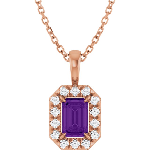 14K Rose 6x4 mm Natural Amethyst & 1/5 CTW Natural Diamond 16-18" Necklace