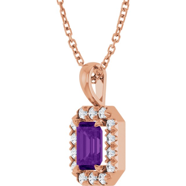 14K Rose 6x4 mm Natural Amethyst & 1/5 CTW Natural Diamond 16-18" Necklace