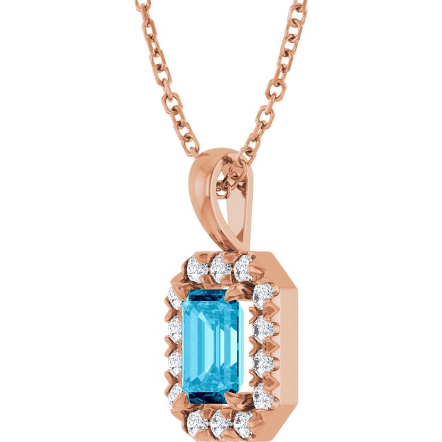 14K Rose 6x4 mm Natural Aquamarine & 1/5 CTW Natural Diamond 16-18" Necklace
