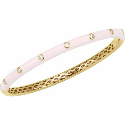 14K White 1/5 CTW Natural Diamond & Pink Enamel 7" Bangle Bracelet