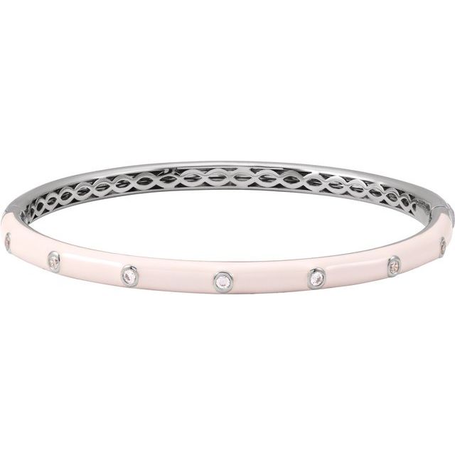 14K White 1/5 CTW Natural Diamond & Pink Enamel 7" Bangle Bracelet