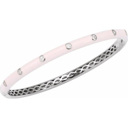 14K White 1/5 CTW Natural Diamond & Pink Enamel 7" Bangle Bracelet