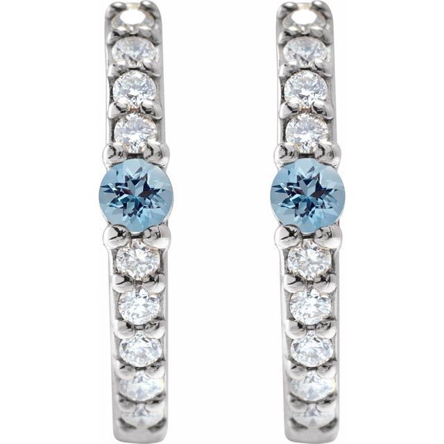14K White Natural Aquamarine & 1/8 CTW Natural Diamond 13.6 mm Hoop Earring