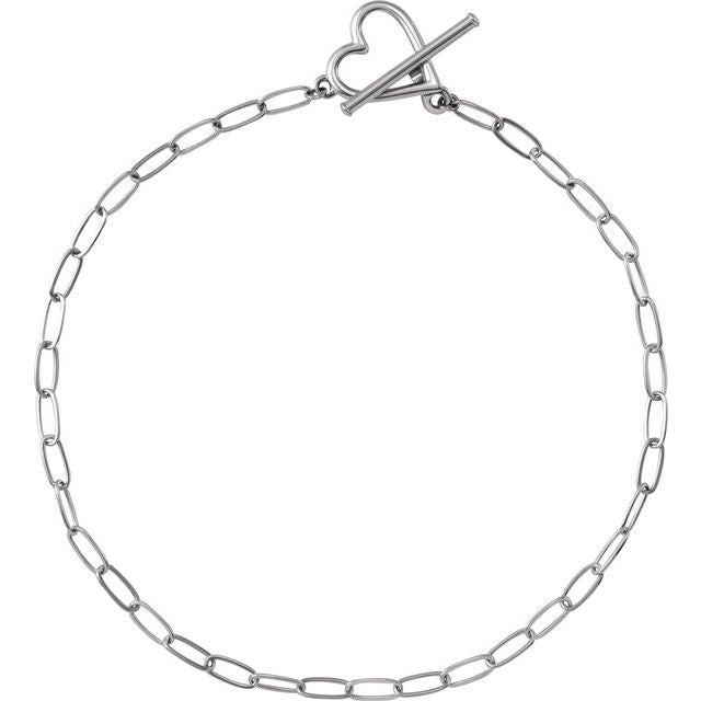14K White Heart & Paperclip-Style Chain 6" Bracelet