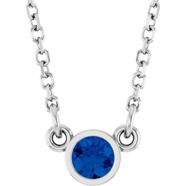 Rhodium-Plated Sterling Silver Imitation Blue Sapphire Solitaire 16" Necklace