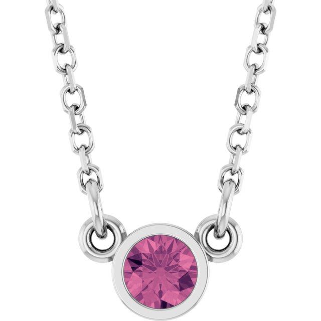 Rhodium-Plated Sterling Silver Natural Pink Tourmaline Solitaire 16" Necklace