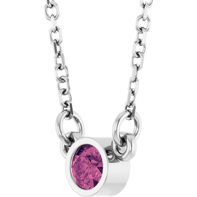 Rhodium-Plated Sterling Silver Natural Pink Tourmaline Solitaire 16" Necklace