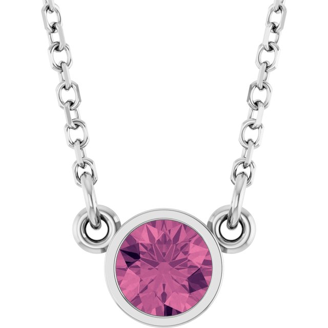 Rhodium-Plated Sterling Silver Natural Pink Tourmaline Solitaire 16" Necklace