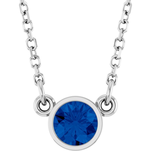 14K White Lab-Grown Blue Sapphire Solitaire 16" Necklace