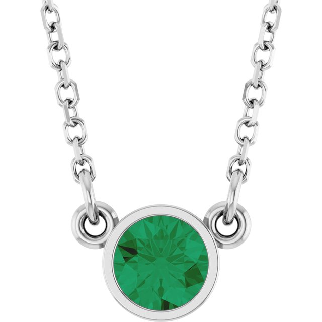 14K White Lab-Grown Emerald Solitaire 16" Necklace