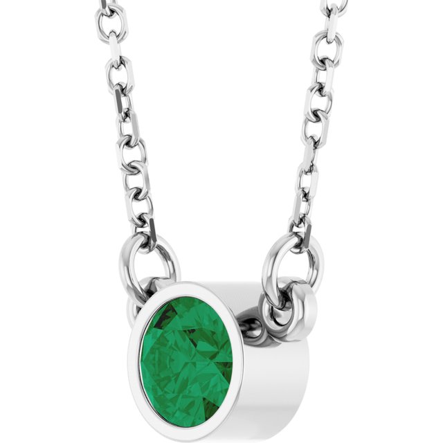 14K White Lab-Grown Emerald Solitaire 16" Necklace