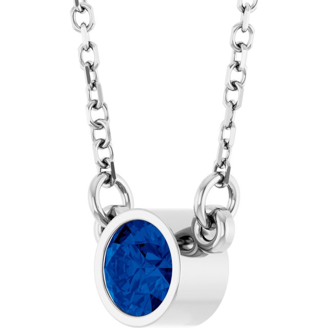14K White Lab-Grown Blue Sapphire Solitaire 16" Necklace