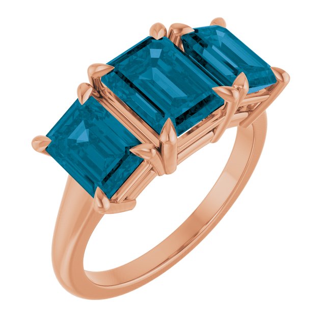 14K Rose 8x6 mm Emerald Natural London Blue Topaz Three-Stone Ring