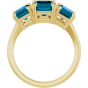 14K Yellow 8x6 mm Emerald Natural London Blue Topaz Three-Stone Ring