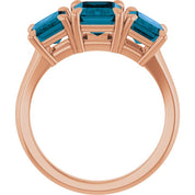 14K Rose 8x6 mm Emerald Natural London Blue Topaz Three-Stone Ring