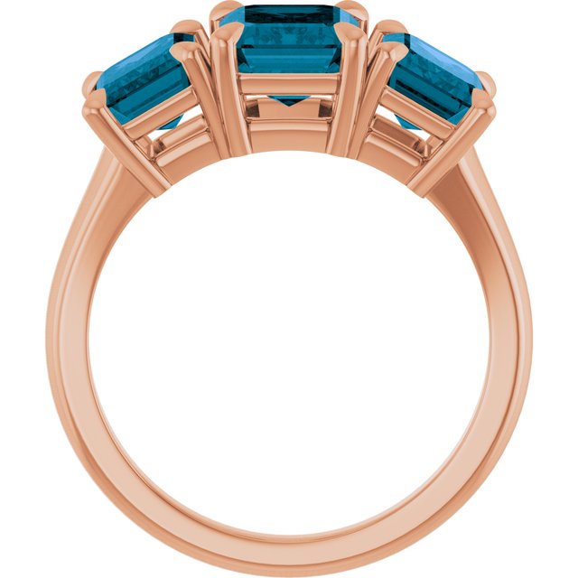 14K Rose 8x6 mm Emerald Natural London Blue Topaz Three-Stone Ring