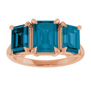 14K Rose 8x6 mm Emerald Natural London Blue Topaz Three-Stone Ring