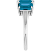 14K White 8x6 mm Emerald Natural London Blue Topaz Three-Stone Ring