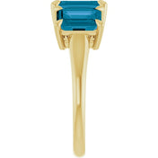 14K Yellow 8x6 mm Emerald Natural London Blue Topaz Three-Stone Ring