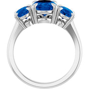 14K White 8x6 mm Oval Lab-Grown Blue Sapphire Three-Stone Ring