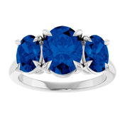 14K White 8x6 mm Oval Lab-Grown Blue Sapphire Three-Stone Ring