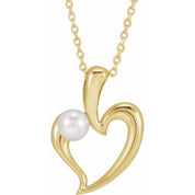 14K Yellow Cultured White Akoya Pearl Heart 16-18" Necklace