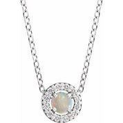 Sterling Silver Cabochon Natural White Opal & .06 CTW Natural Diamond Halo-Style 16-18" Necklace
