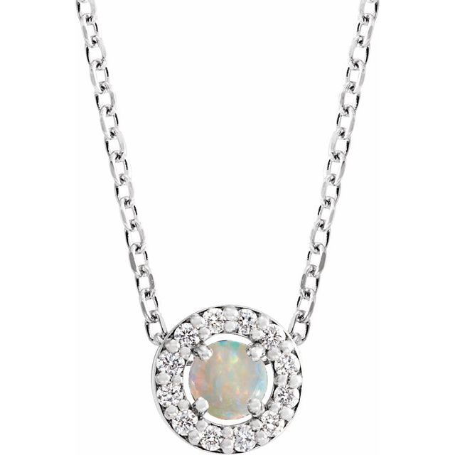 Sterling Silver Cabochon Natural White Opal & .06 CTW Natural Diamond Halo-Style 16-18" Necklace