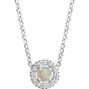 Platinum Cabochon Natural White Opal & .06 CTW Natural Diamond Halo-Style 16-18" Necklace