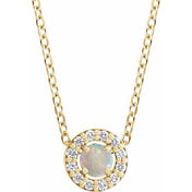 14K Yellow Cabochon Natural White Opal & .06 CTW Natural Diamond Halo-Style 16-18" Necklace