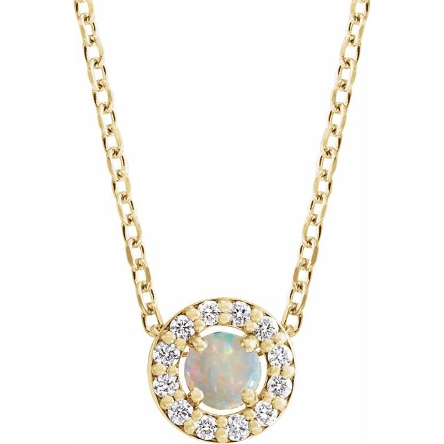 14K Yellow Cabochon Natural White Opal & .06 CTW Natural Diamond Halo-Style 16-18" Necklace