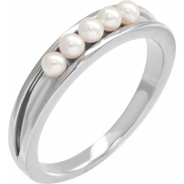 14K White Cultured White Seed Pearl Stackable Ring