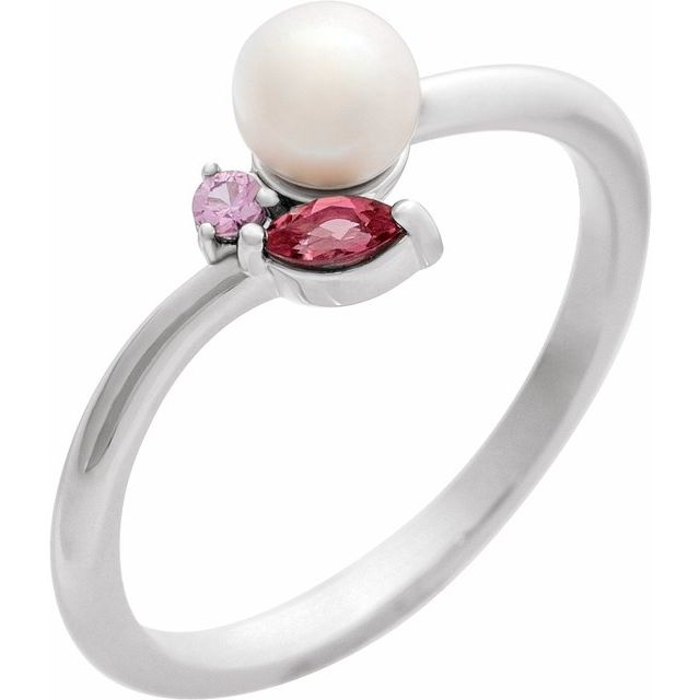 14K White Cultured White Akoya Pearl, Pink Tourmaline & Pink Sapphire Ring - Elegant Multi-Gemstone Design