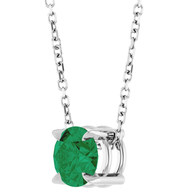 Sterling Silver 6 mm Lab-Grown Emerald 16-18" Necklace
